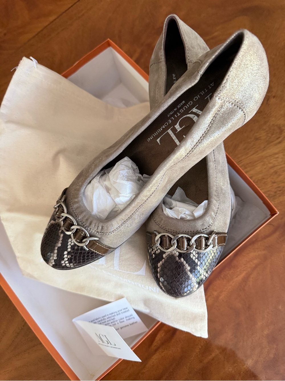 AGL Taupe Ballet Flat with Snakeskin Toe and Chain Detail new with bag .